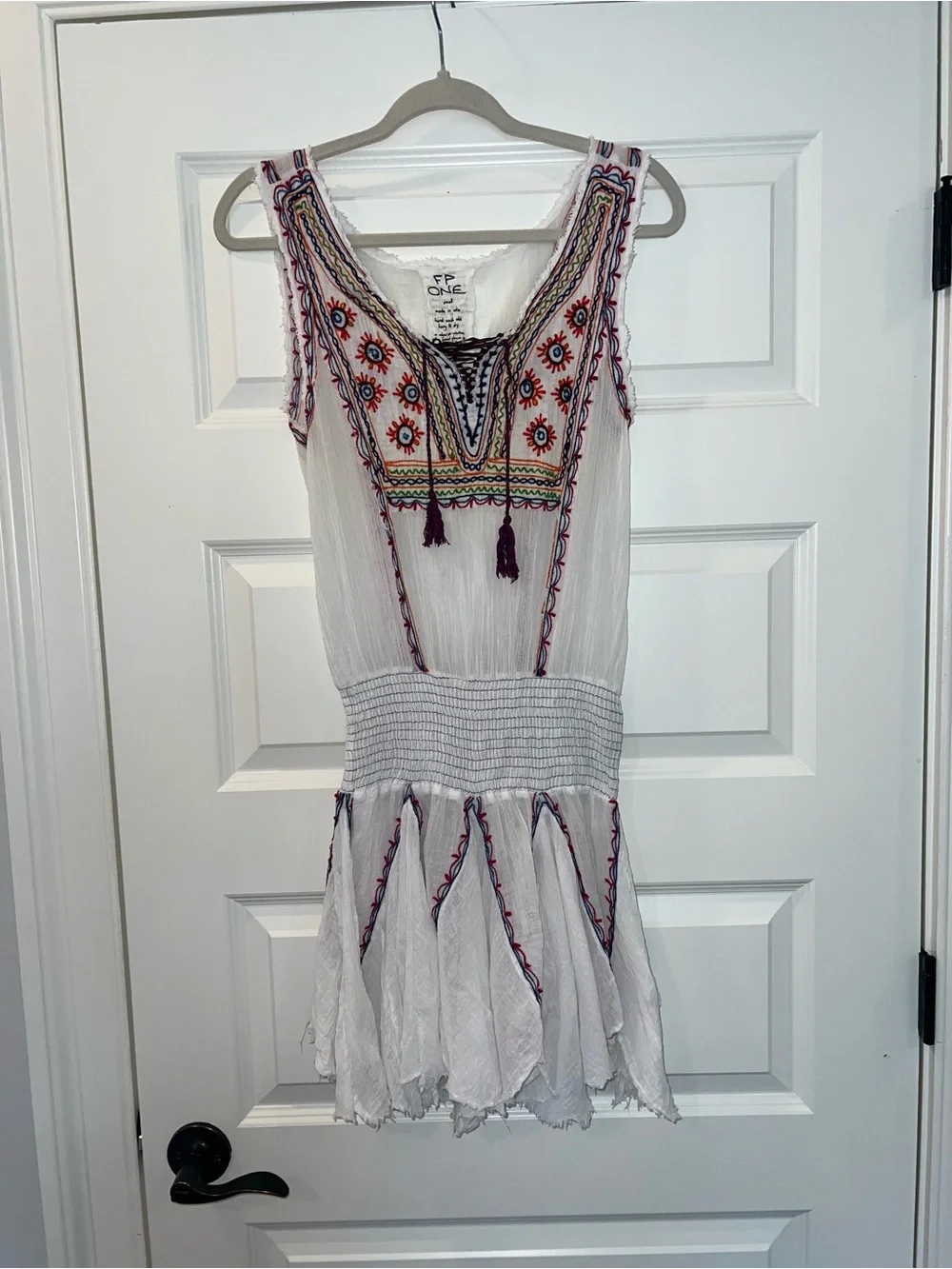 Free People FP One Fez Embroidered Gauze Mini Dress White Boho Tassel Small
